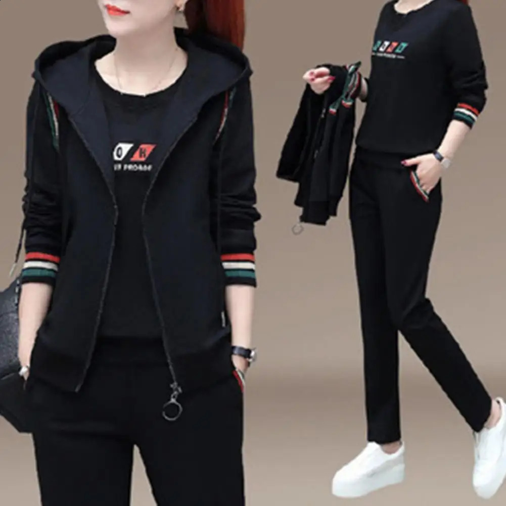 Womens 3 Piece Running Sets Fall Spring Solid Sportswear Long Sleeve Fleece HoodiesJogger Pants Plus Size Female Tracksuits 250305