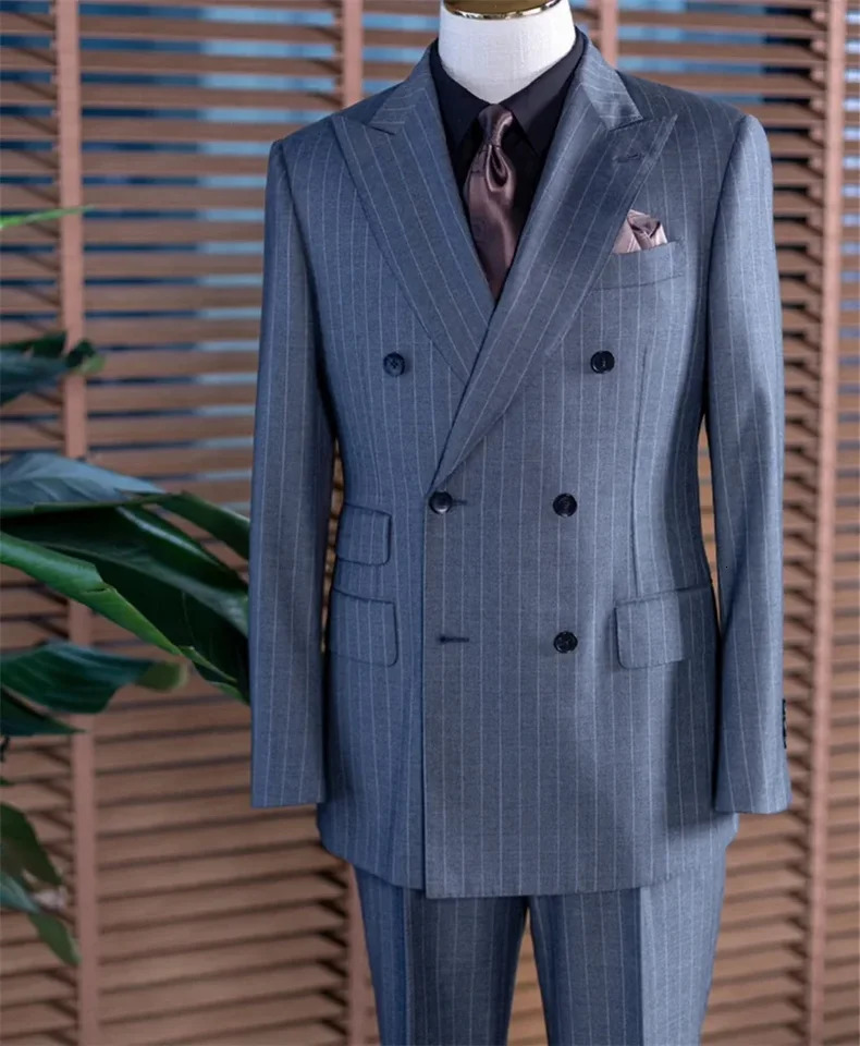 2 pieces of grey striped mens classic double chest business jacket pants customized formal party dress 250224Z