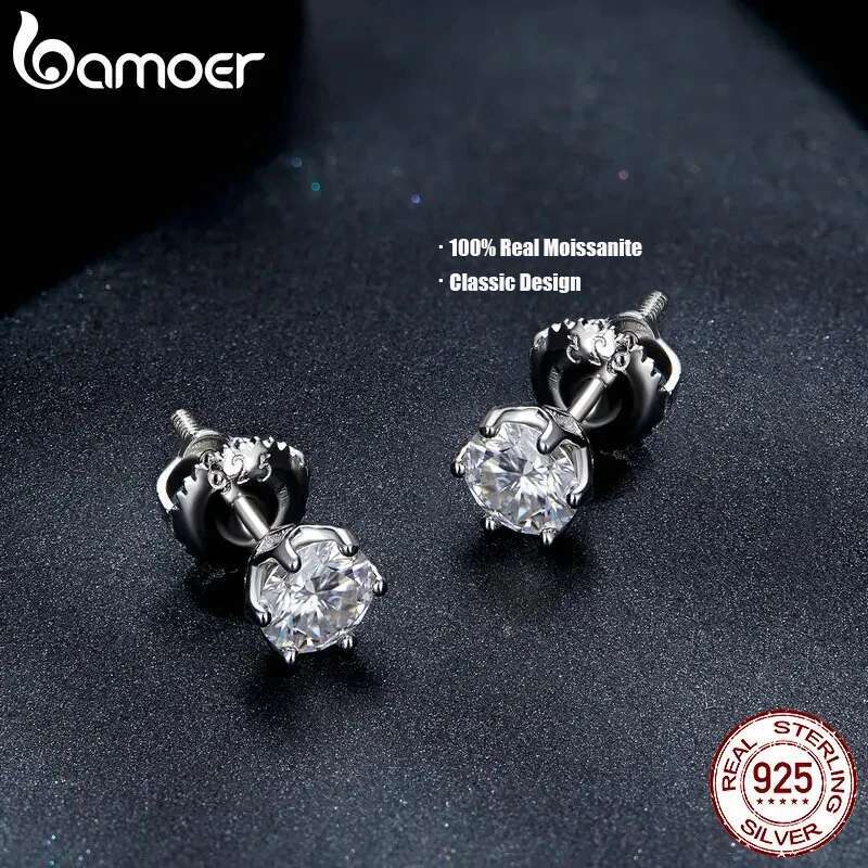 BAMOER Classic Moissanite Stud Earrings, S Sier D Color Brilliant Round Cut Lab Created Dia Wedding Engagement Earrings