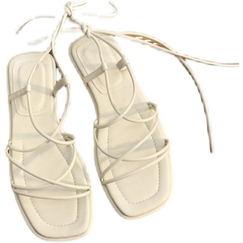 Summer slippers womens sandals narrow retro square toe flat cross with thong sandals V-shaped shoes womens Plus size 43 250228