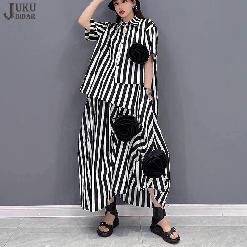 Korean Style Tie Wers Decorated Loose Fit Two Pieces Set Woman Summer Oversized Striped Blouse Shirt And Skirt Outfit Jjse016