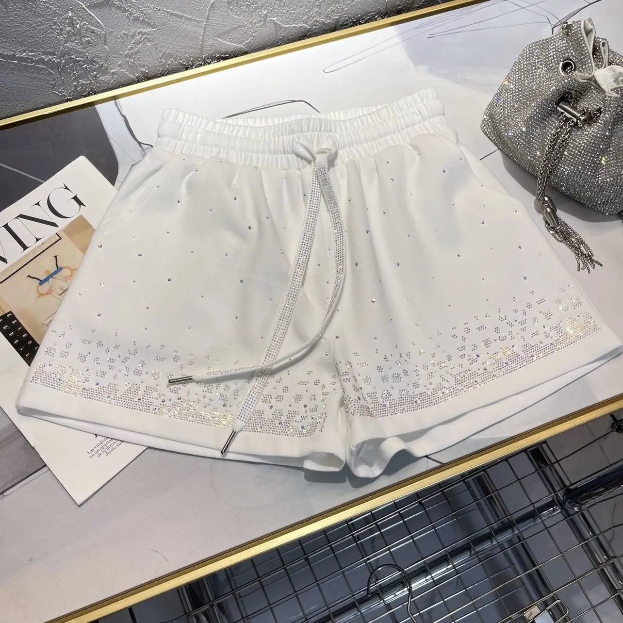 2024 Summer Pink Short European Products Diamond High Waist Small Loose Wide Legs A Casual Bathroom Pants 250304