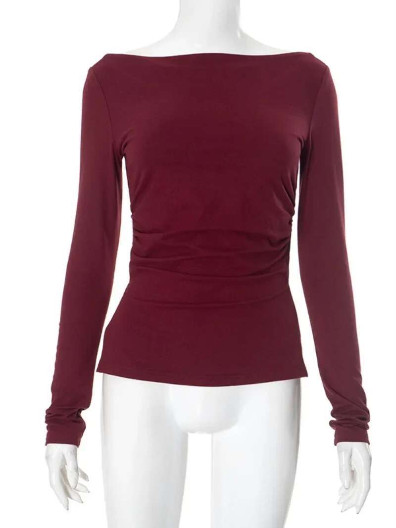 Wine Red T-Shirts For Women 2025 Spring Long Sleeve Split Slim Fit Tee Shirt Female Clothing Y2k Tunics Crop Tops Streetwear