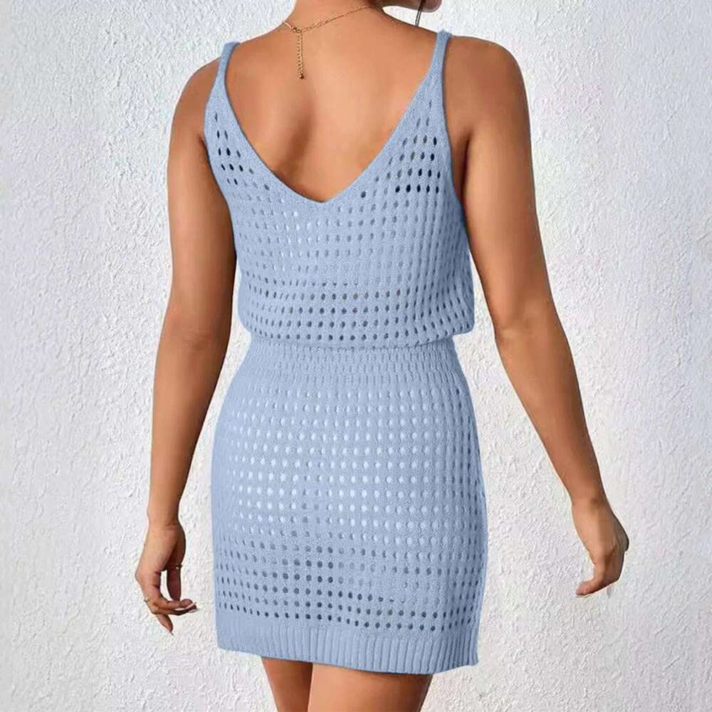 Women 2024 Beach Mini Cover-Up Crochet Dress Swimwear Casual Summer Shoulder Straps Sleeveless Short Cover Up Bikini Swimsuit Km-Ly
