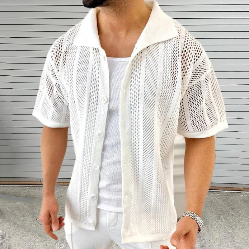 Vintage Knitted Hollow Out Shirts Men Fashion Button Lapel Short Sleeve Knit Shirt Summer Mens Knitwear Casual Solid Color Tops 250304