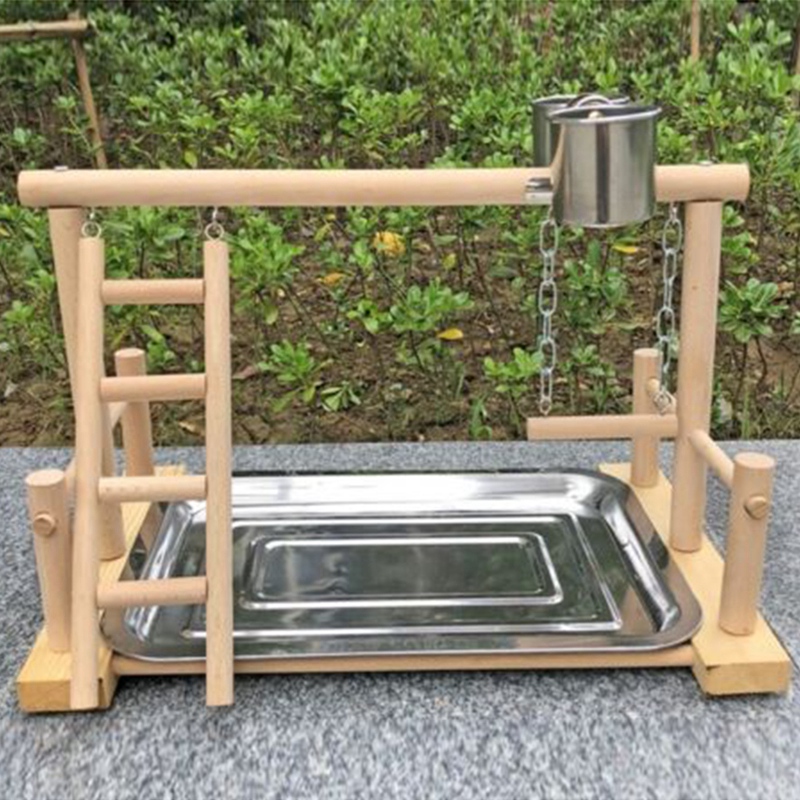 AAAC-Parrot Wood Stand Activity Center Ladder Swing Tray Cup Perch Bird Play Rack