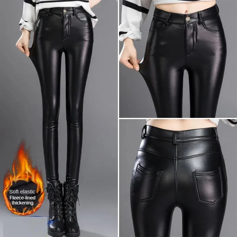 Cashmere PU Leather Pants AutumnWinter 2024 Thickened and Fleece HighWaisted Slim Fit Tight Warm Leggings Black 250304