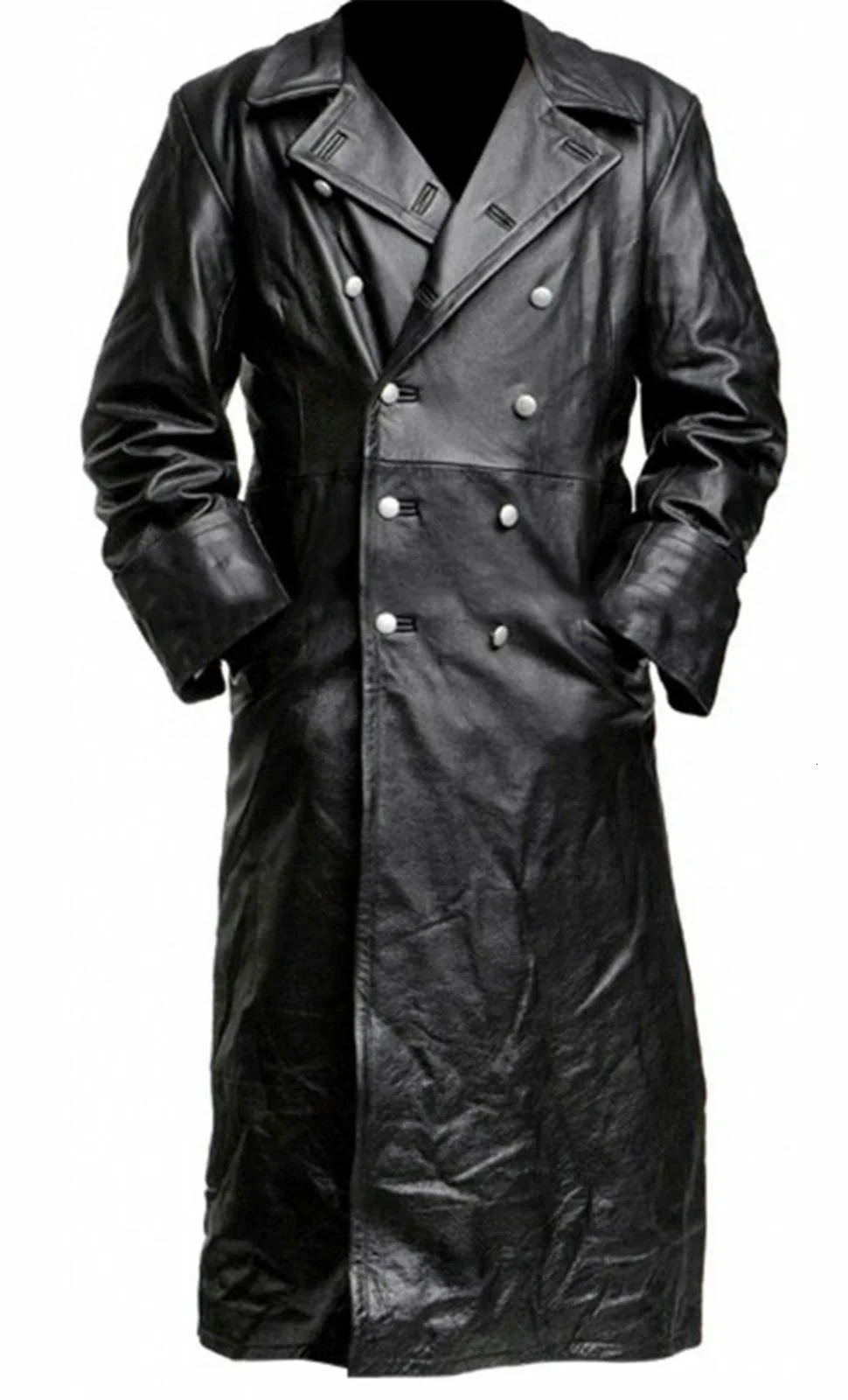 MENS GERMAN CLASSIC WW2 MILITARY UNIFORM OFFICER BLACK LEATHER TRENCH COAT y250225