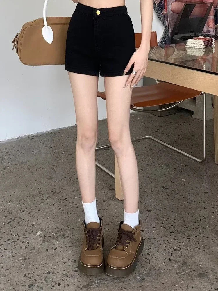 Womens 90s fashion black gothic denim shorts retro high waisted Aline mini Y2k Harajuku Korean Emo 2000s clothing 250304