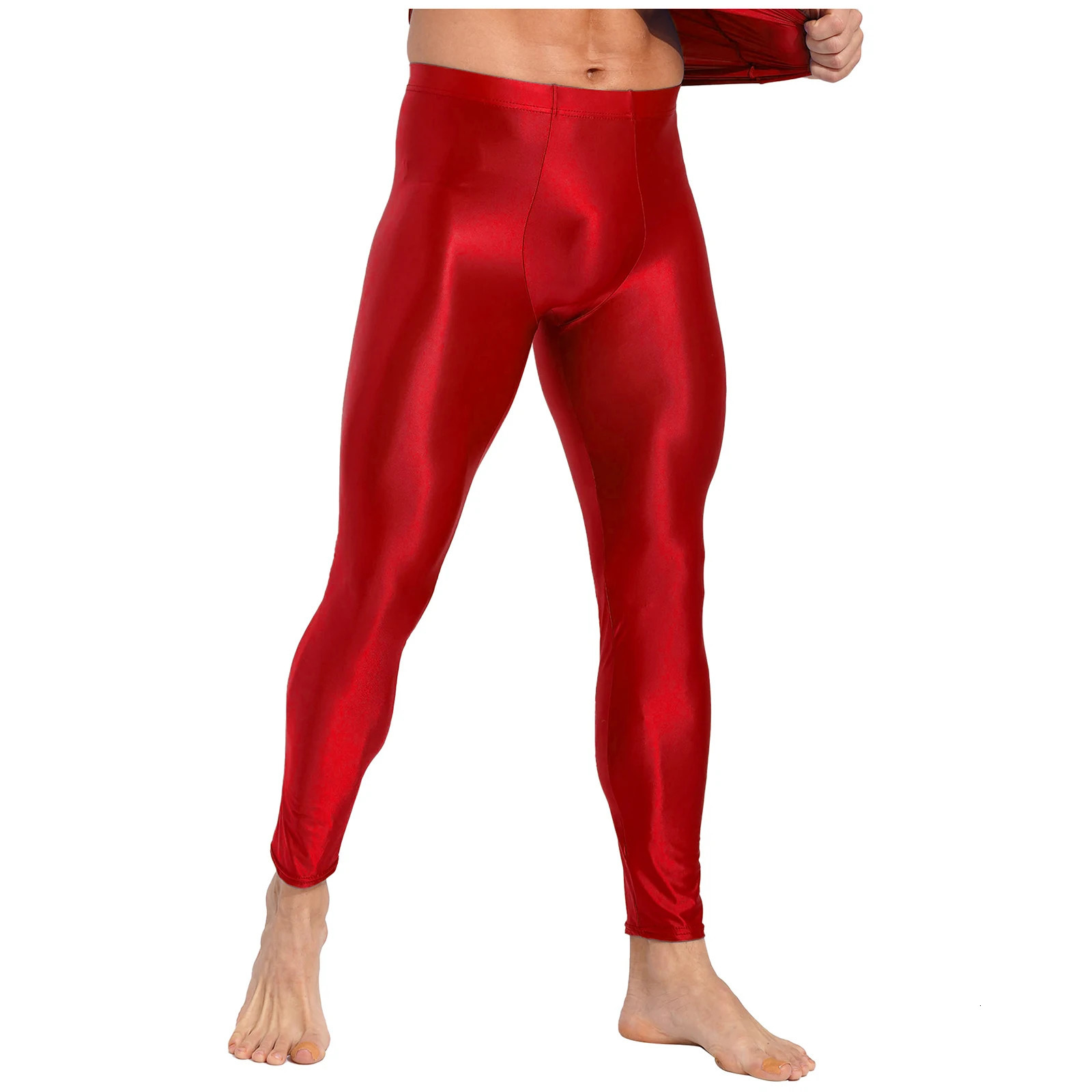 Mens Glossy Oil Tights Long Pants Skinny Leg Trousers Underwear Solid Color Leggings for Exercise Running Gym Fitness Workout 250304