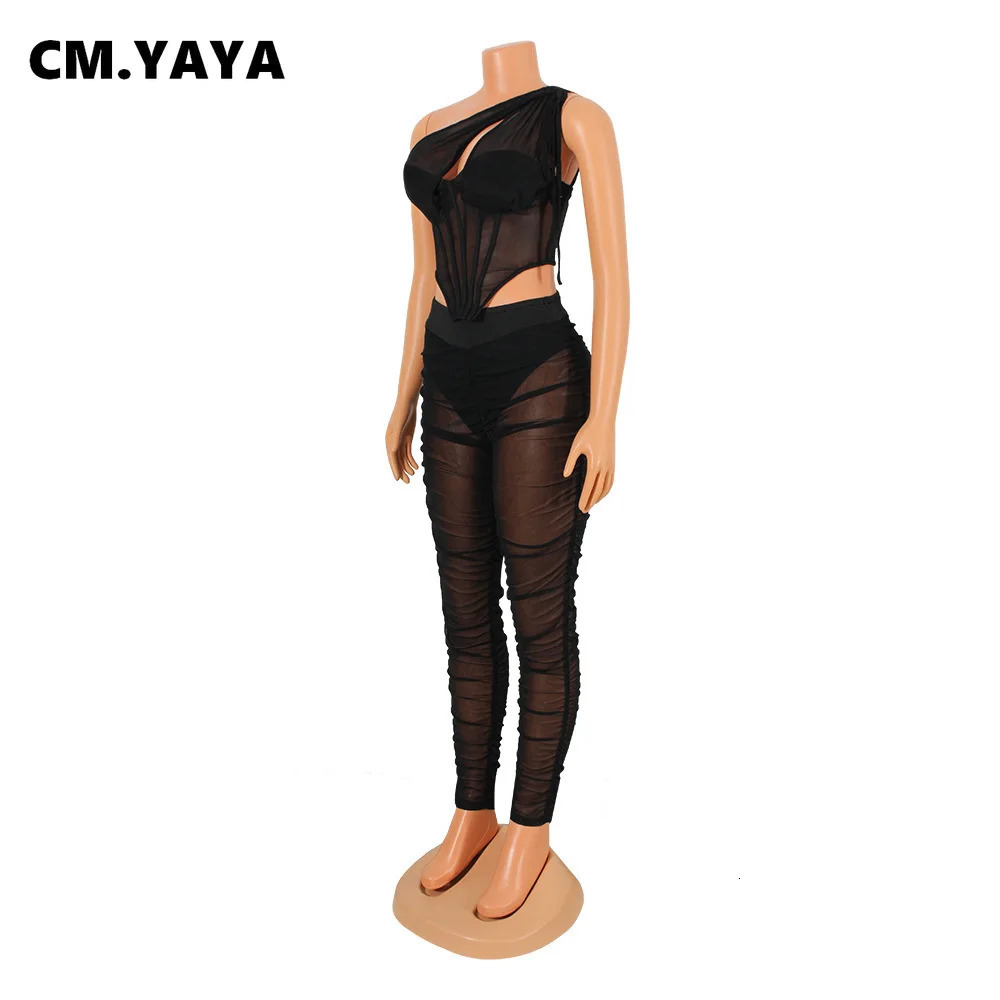 CM.YAYA Mesh See Though Womens Set One Shoulder Sleeveless Crop Top and Stacked Pants Suit Two 2Piece Set Outfit Tracksuit 250304