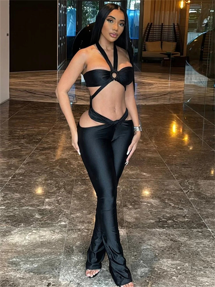Macheda Irregular Sexy 2 Piece Set Women Cross Halter Wrapped CamisoleRuched Hollow Leggings Matching Street Trend Hipster Suit 250304