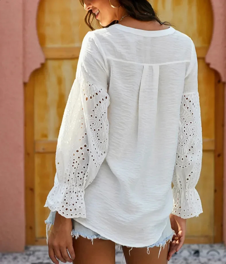 TEELYNN White Long Sleeve Lace Blouses Shirt For Women Oversize Loose V Neck Boho Spring Autumn Blouse Femme Tops Ladies Blouses 250228