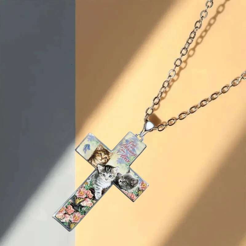 Stylish and Exquisite Three Cats Cross Pendant Necklace Kid Christian Religious Jewelry Accessories for Friend Birthday Gift