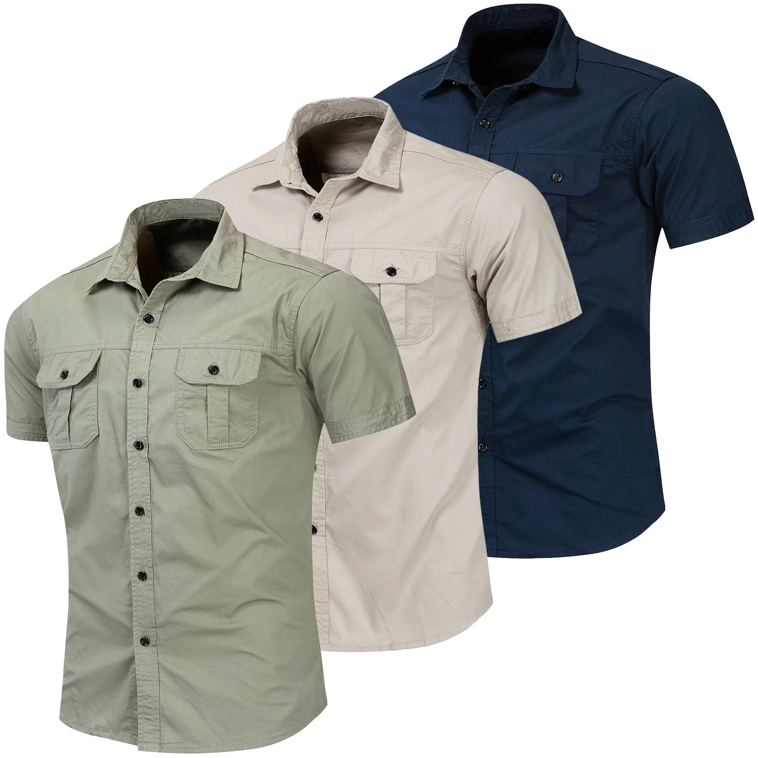 2024 Summer Fashion Men Short Sleeve Solid Color Safari Shirt Casual Cargo Work 100 Cotton Pocket Shirts Male Plain Tops 250227