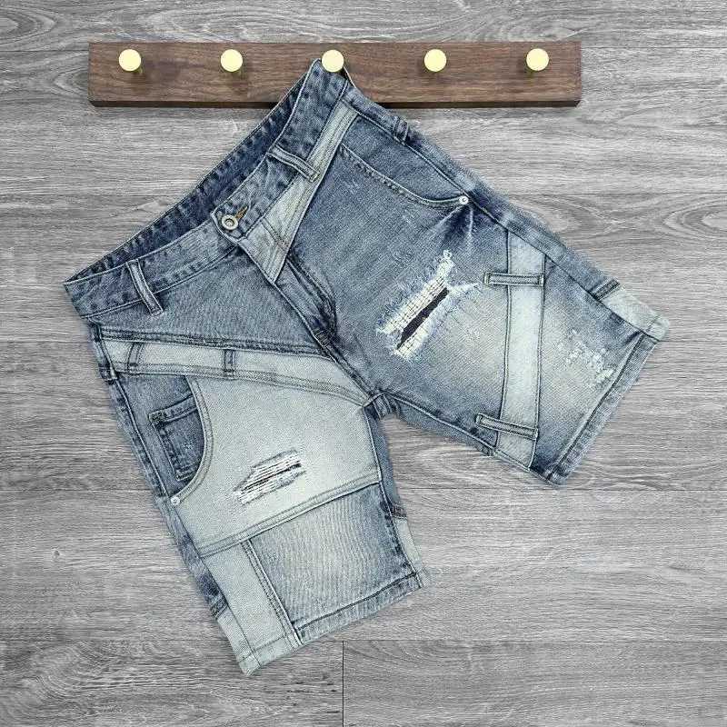 New Shorts Mens Spliced Denim Shorts Knee Length Designer Luxury Streetwear Distressed Korean Luxury Casual Summer Short JeansT250305
