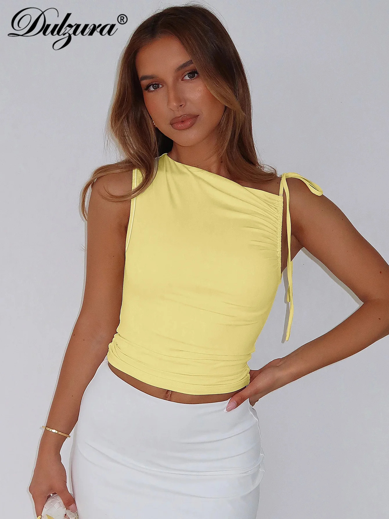 Sweet Sleeveless Skew Collar Ruched Lace Up Bodycon Crop Top Sexy Elegant Casual Tank Party Club Streetwear Spring Summer 250304