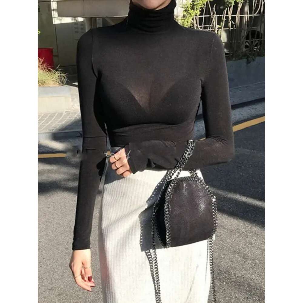 Loose Collar Elastic T-shirt Women Solid Long Sleeves Loose Collar High Ladies Low Tight See Through Basic Sexy T-shirt Clothing