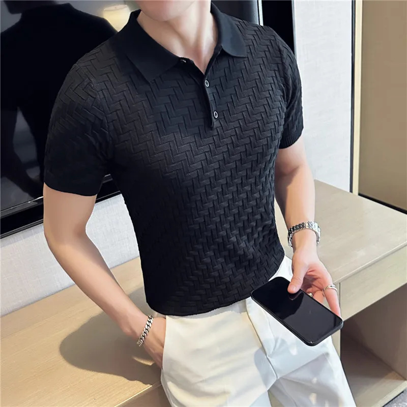 Mens Summer Casual Short Sleeves High Quality Knitted Polo ShirtsMale Slim Fit Ice Silk Plaid Leisure Polo Shirts Tops S-3XL 250304