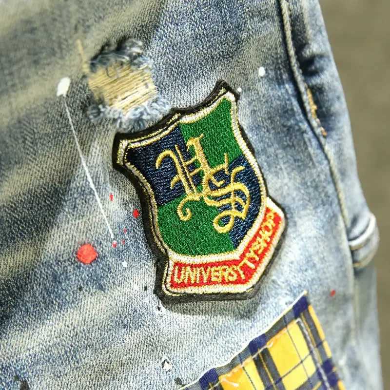 Male Denim Shorts Ripped Cut Spliced Graphic Mens Short Jeans Pants Y2k Fashion Original Summer Korean Vintage Buttons New InT250305