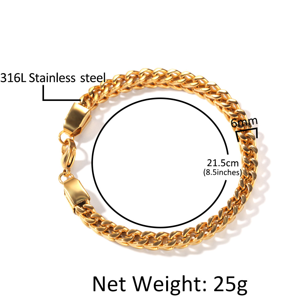 6mm Hip Hop Square Chain Stainless Steel Miami Cuban Chain Necklace Bracelet High Polished Gold Plated Jewelry