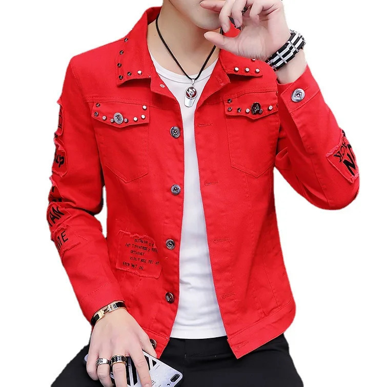 Mens Vintage Denim Jacket High Street Ripped Denim Rivet Street Riding Biker Clothing Handsome Buttoned Lapel Mens Clothing 250228