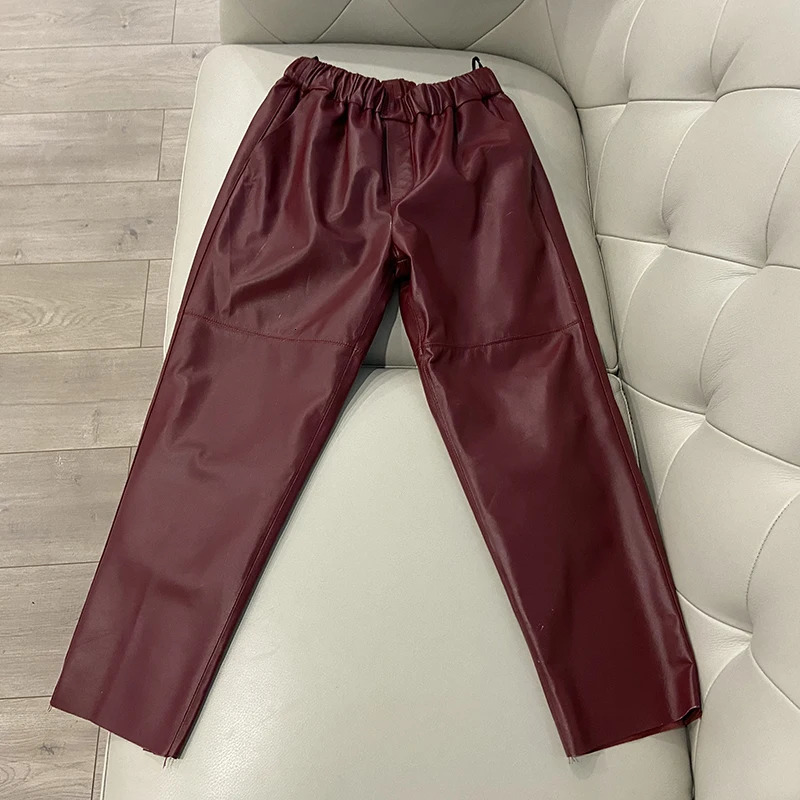 Women Pants Real Leather Pant Tousers High Waist Harem 2024 Elastic Streetwear 250304