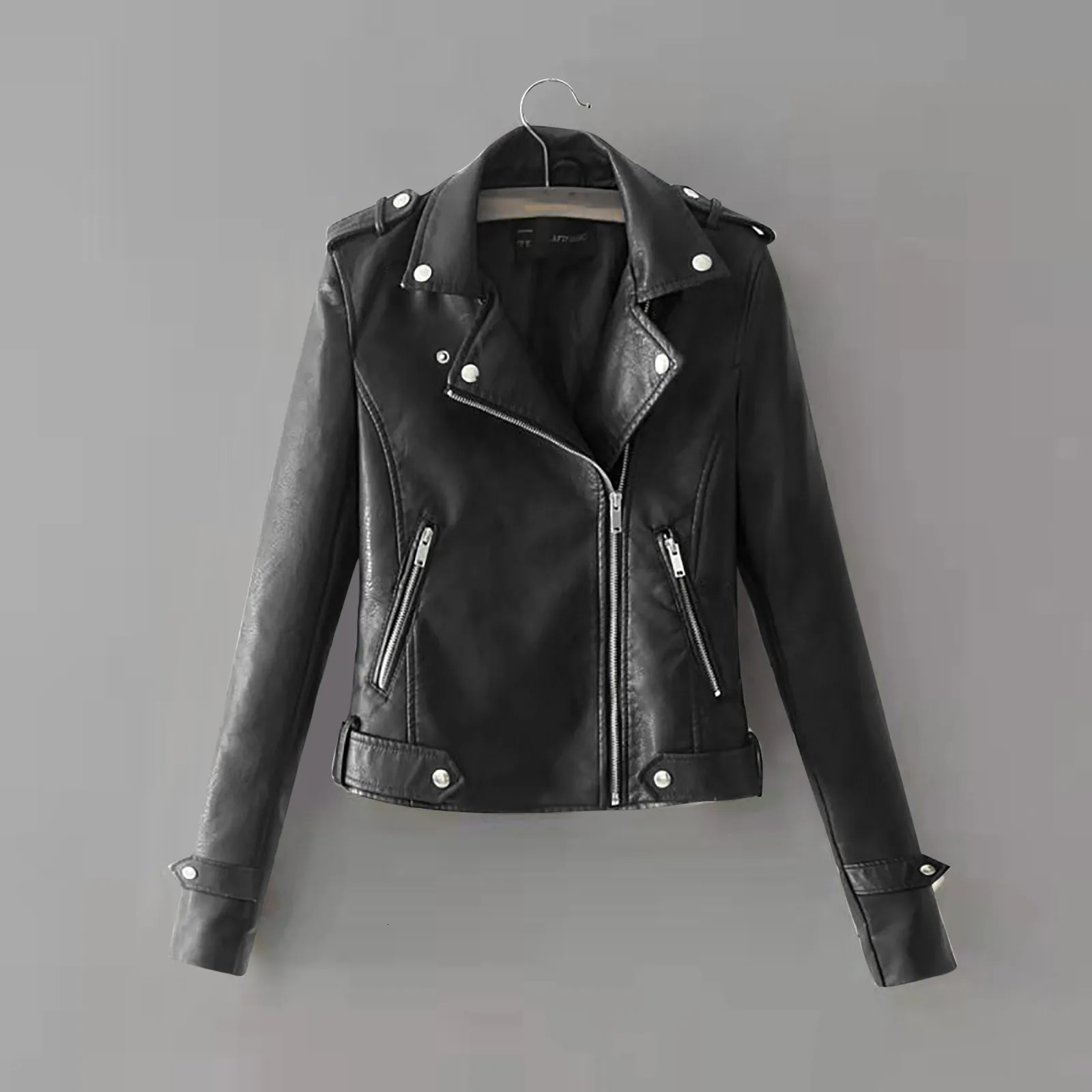 Casual and Elegant Womens Top Belt Fashion Pocket Artificial Leather Collar Solid Color Zipper Soft Jacket 250226