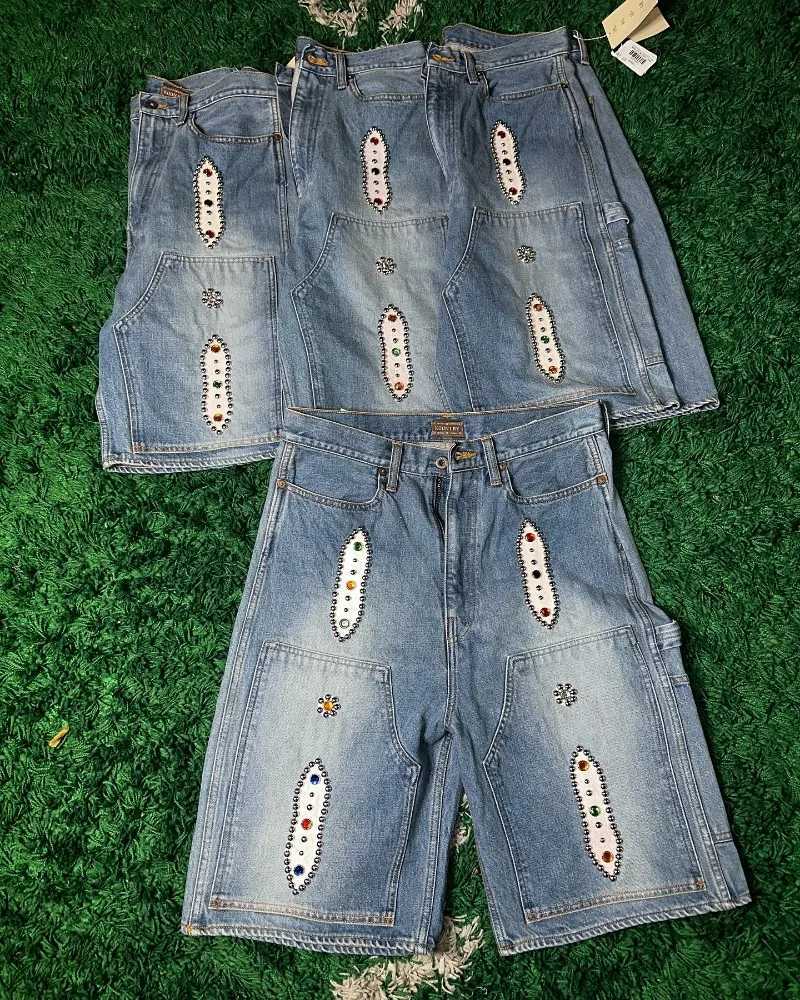 Streetwear New Fashion Blue Washed Diamond Baggy Denim Shorts Women Y2K Harajuku Vintage Hip Hop Popular Casual Joker ShortsT250305