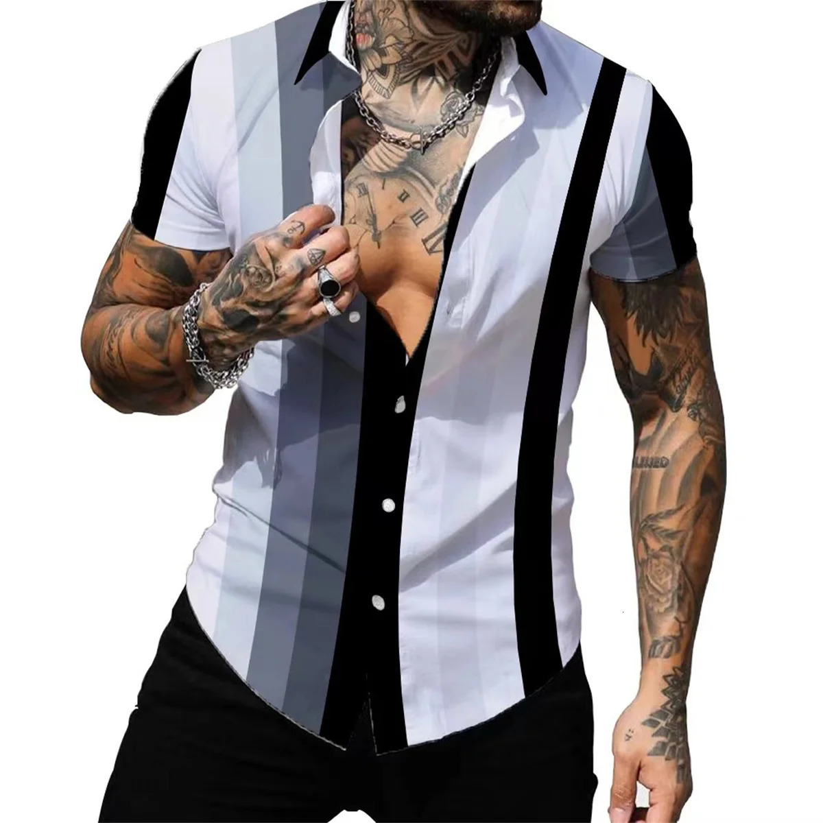 Striped colored shirt casual outdoor street party mens highquality button down Tshirt short sleeved 2023 250227Z