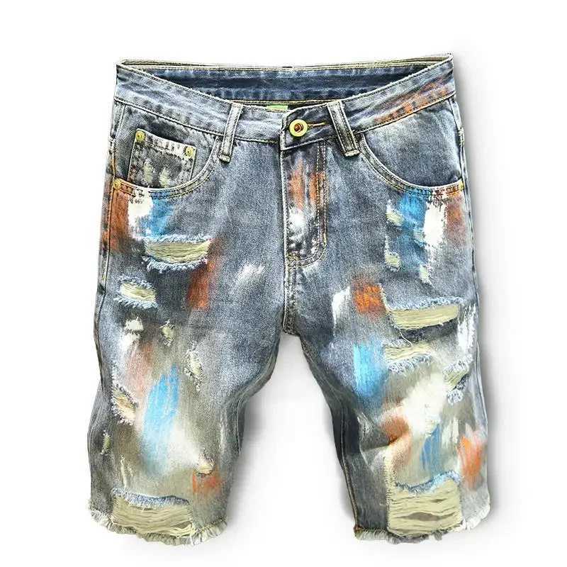 Mens Short Jeans Pants Multi Color Ripped Graffiti Male Denim Shorts Korean Fashion Blue New in Cut Emo Trend 2024 Original XlT250305