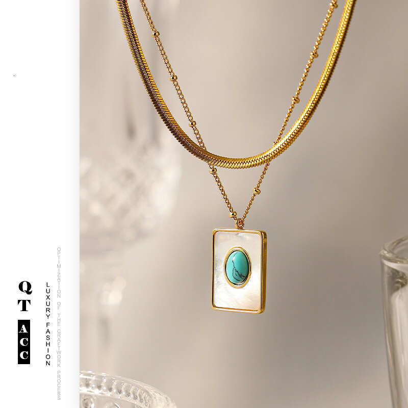Trendy square fashion natural stone shell gold necklace women's versatile high-end titanium steel jewelry