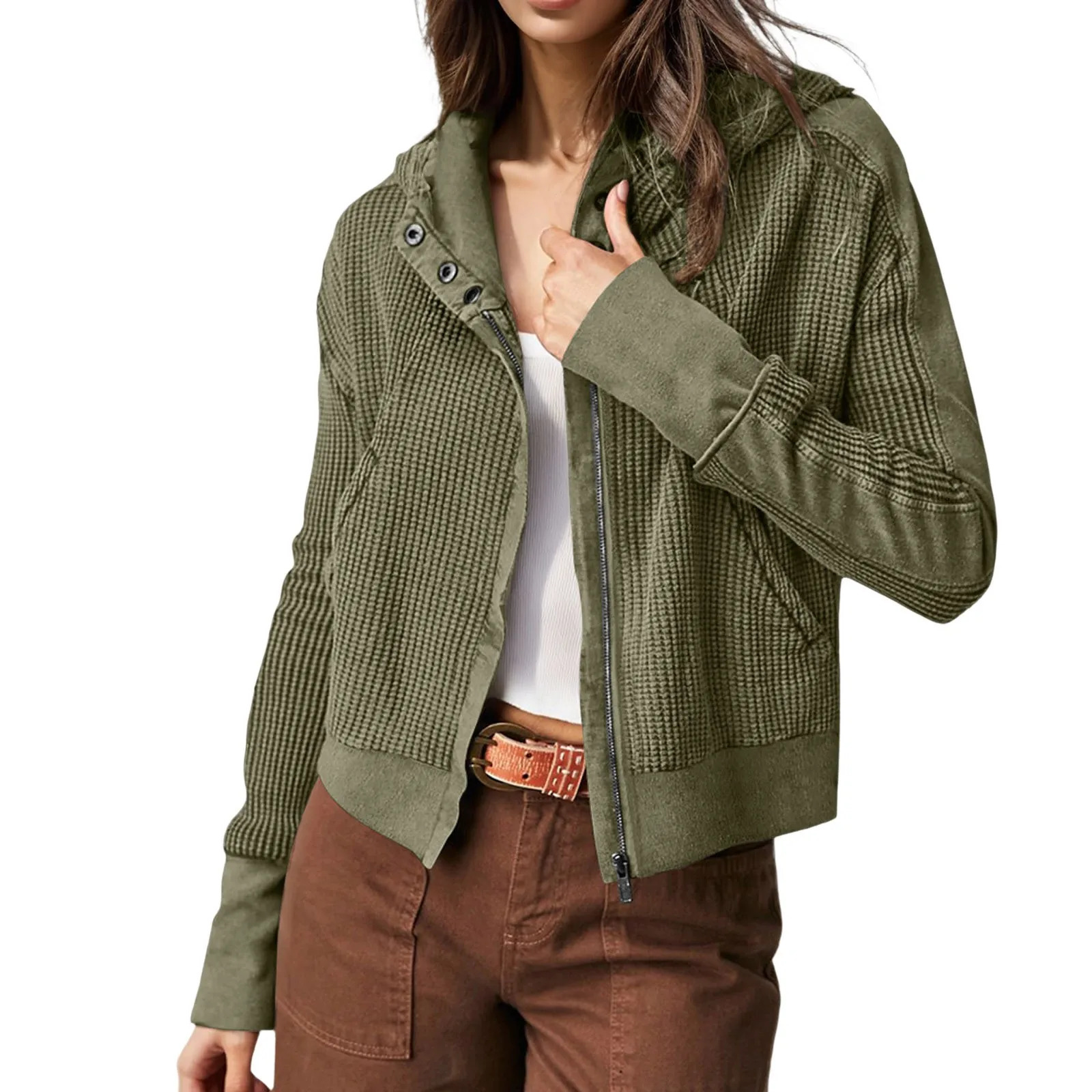 Womens Waffle Knit Hoodies Slim Fit Zippered Up Cropped Jackets Motro Biker Fashion Button Down Shacket Hooded Outerwear 250304
