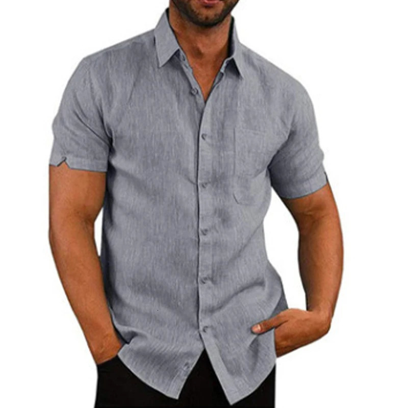 2024 cotton linen selling mens short sleeved shirt summer solid color lapel casual beach style plus size 250227Z