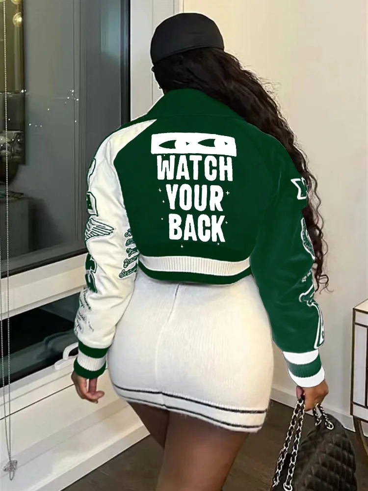Fashion Baseball Buttons Fall Jackets For Women Crop Tops Jackets Coats Varsity Bomber Long Sleeve Print Green Black Jacket 250304