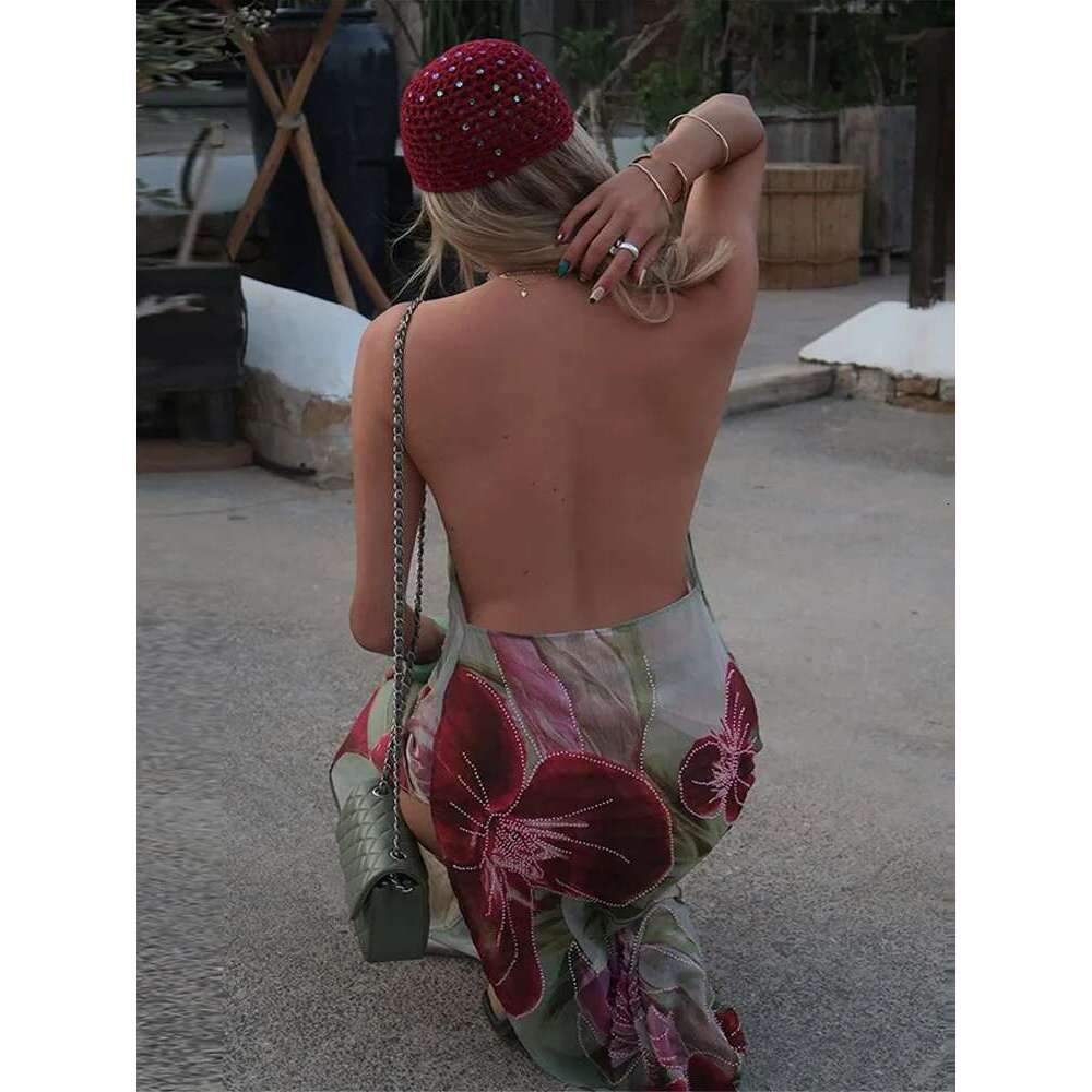 ral Sexy Print Halter Dress Women Vintage Backless Sleeveless Split Long Dresses Female 2025 Summer Vacation Beach Robes Lady