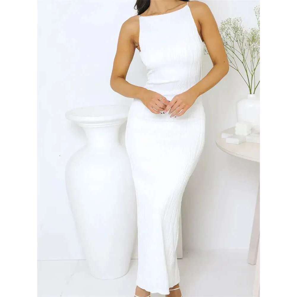 Women Sexy Long Ruched Sleeveless Slim Solid Summer Party Back Split Dress Clubwear Female Vestido Outfits KLMY