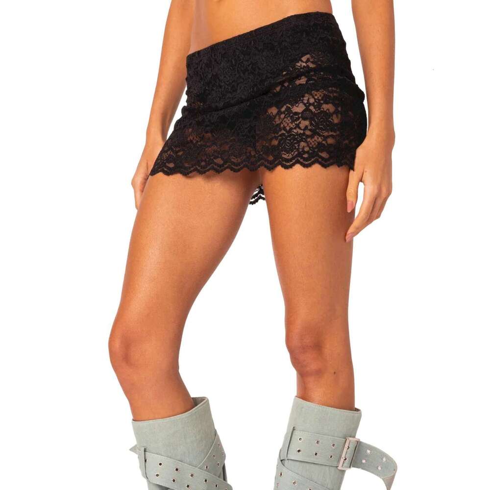 Women's Mini Lace Casual Low Waist Solid Color See Through Sexy Fashion 3 Short Skirts Summer Beach