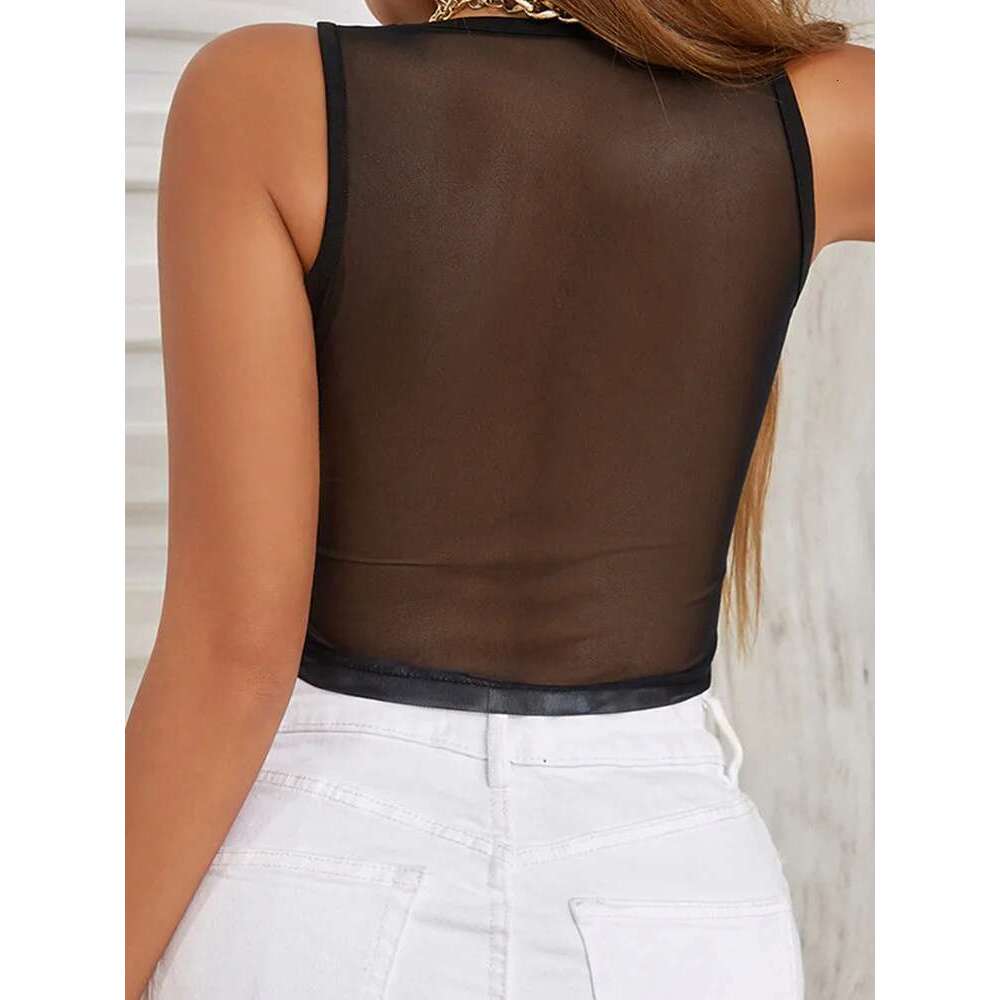 Patchwork Mesh Vest Women Sexy Round Neck Sleeveless Summer Body-Shaping See Through Hipster Crop Tops Lady Tank KLMY
