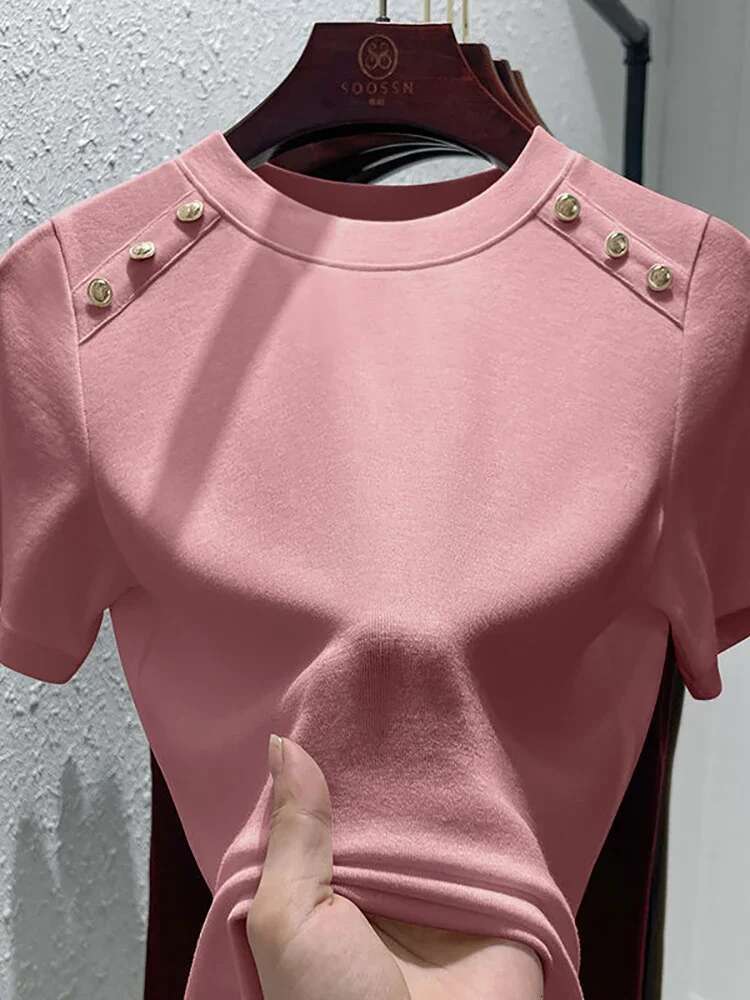 Office Lady Cotton T-Shirt With Medium Stretch For Women's Summer, Button Design Round Neck Slimming Top Gothic