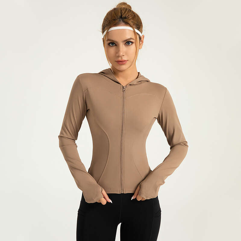 Special Zone Hooded Slim Fit Yoga Elastic Slimming Running And Cycling Solid Color Windproof Sports Coat KLMY