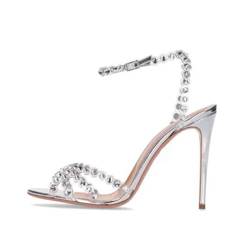 Luxury Rhine Designer Women Sandals Sexy Narrow Band Ankle-Wrap Thin High Heels for Women Summer Elegant Banquet Dress ShoeXJ2500305