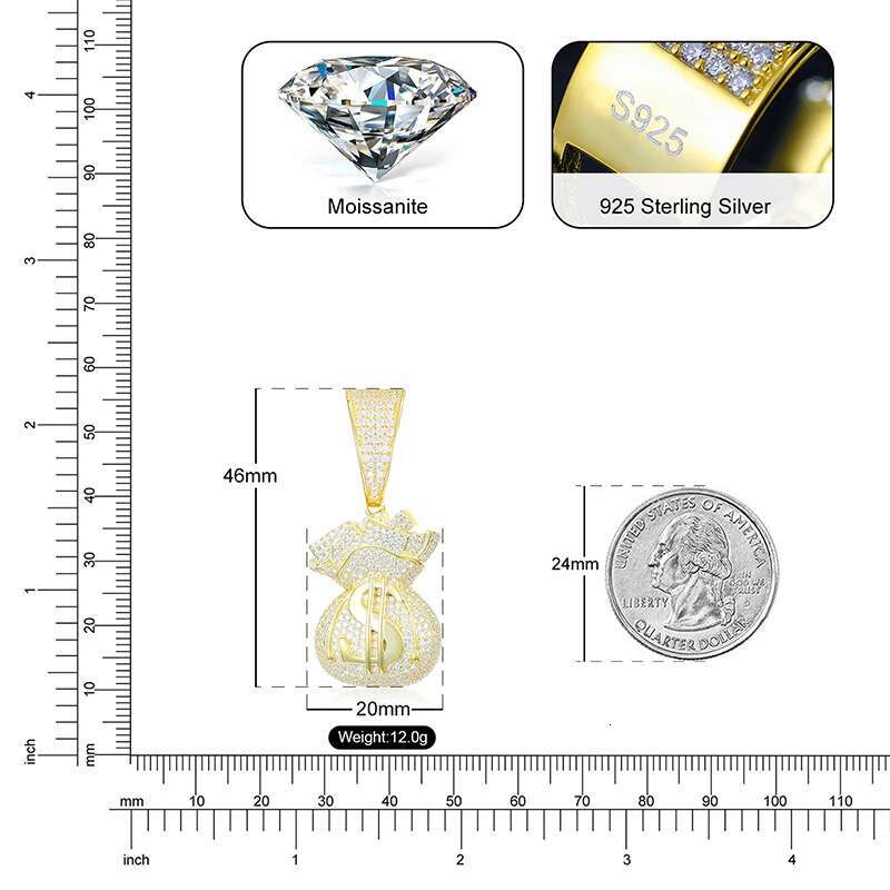 New D Color VVS Moissanite Lucky Money Bag Pendant Necklace Sterg Sier Women Men's Hip Hop Rock Rich Jewelry