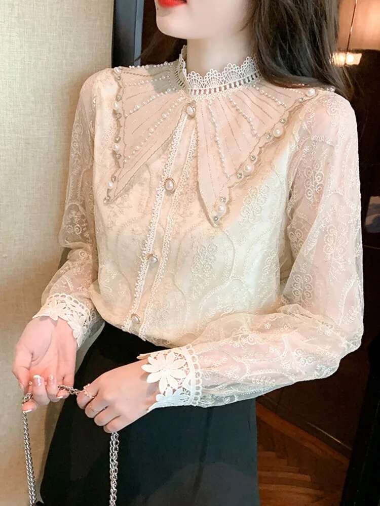 #2544 Vintage Lace Blouse Women Ruffles Collar Split Joint Buttons Pullover Womens Tops And Blouses Long Sleeve France Style