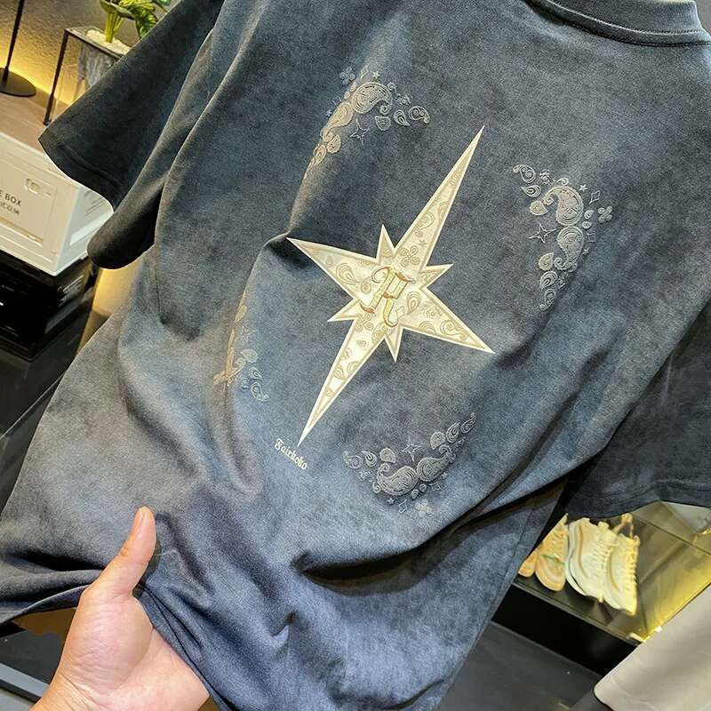2024Summer New Light Tt-Shirt Men's Short-Sleeved Fashionable Embroidered High-End Loose Large Size Casual High-Density Ha