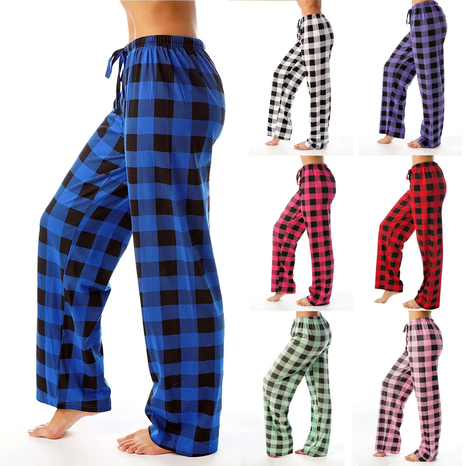 Womens Christmas sleepwear autumn and winter checkered printed pants fashionable casual wide leg clothing street wear 250304
