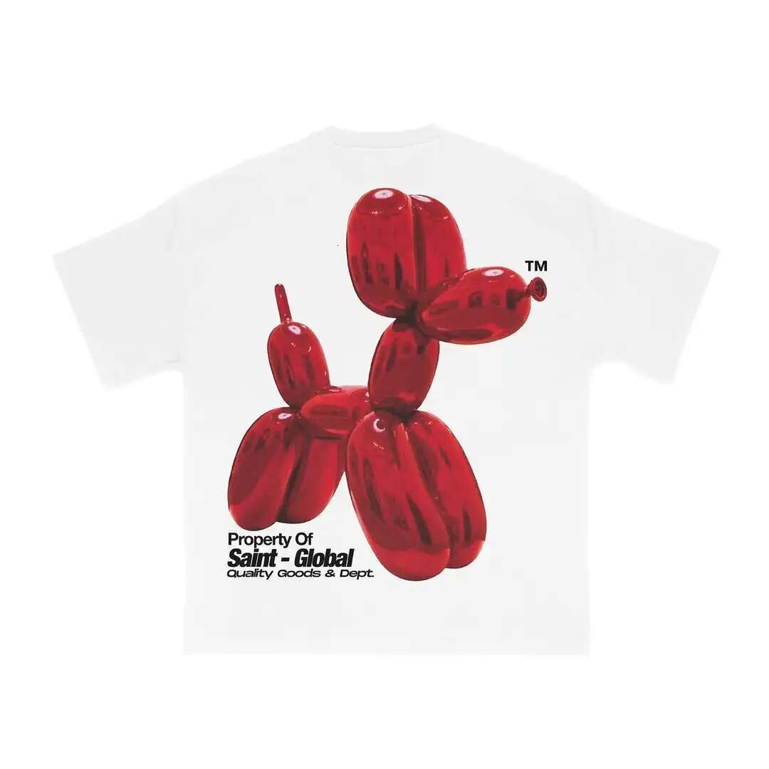 American Haruku Fashionable Balloon Dog Print T-Shirt Men's Summer Loose Casual Simple White Short Sleeve Campus Couple Outfit