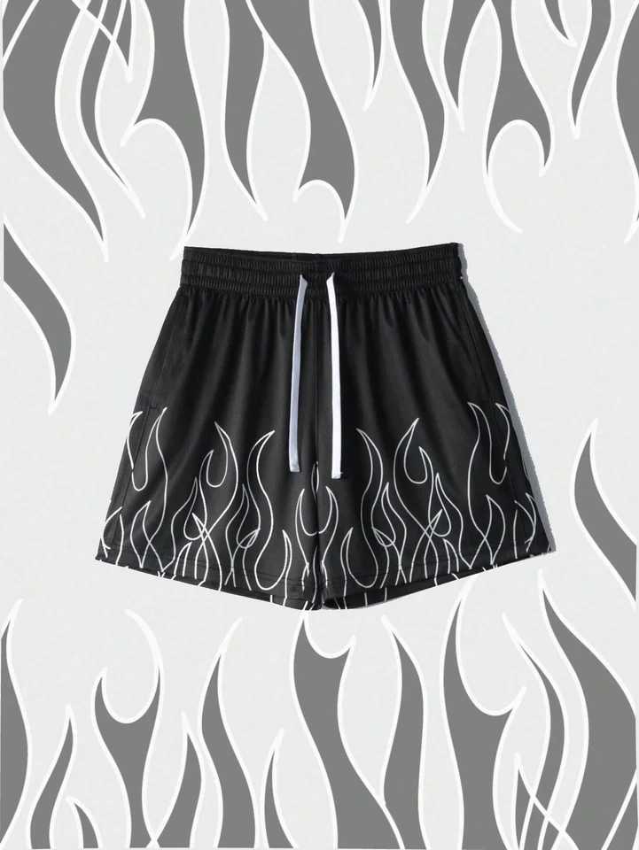 Mens Flame Print Shorts Breathable Mesh Athletic Basketball Shorts Summer Oversized Sport Shorts Drawstring Gym Short PantsXJ250304