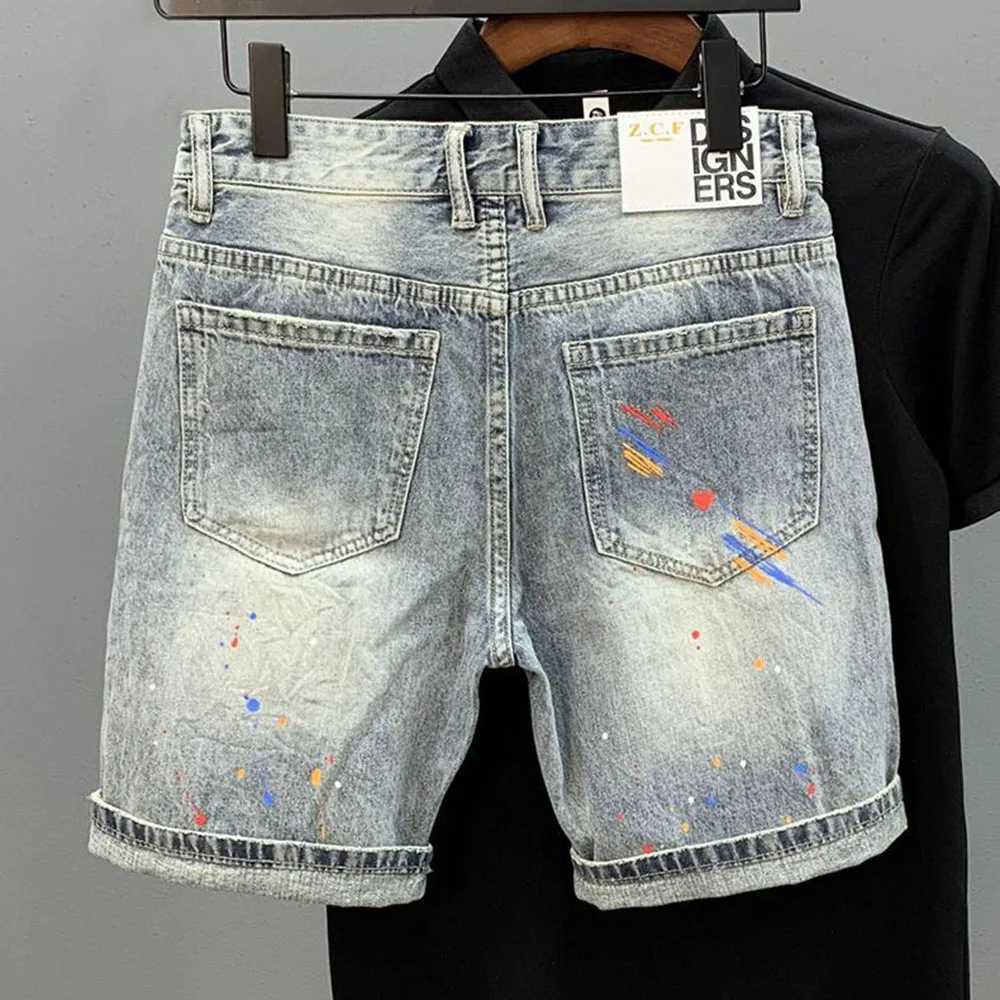 Cat Whiskers Ripped Denim Shorts Mens Personalized Print Splash Ink Summer New Korean Style Slim Fashion Five-Fifth PantT250305