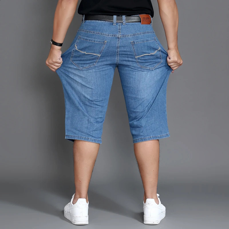 Summer Jeans Shorts Mens Denim Elastic Stretched Thin Short Jean Oversized Plus Light Blue 42 44 48 Male Calf Length Trousers 250304